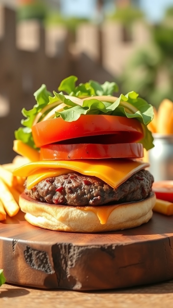 A juicy beef hamburger with lettuce, tomato, and cheese on a toasted bun, served with fries.